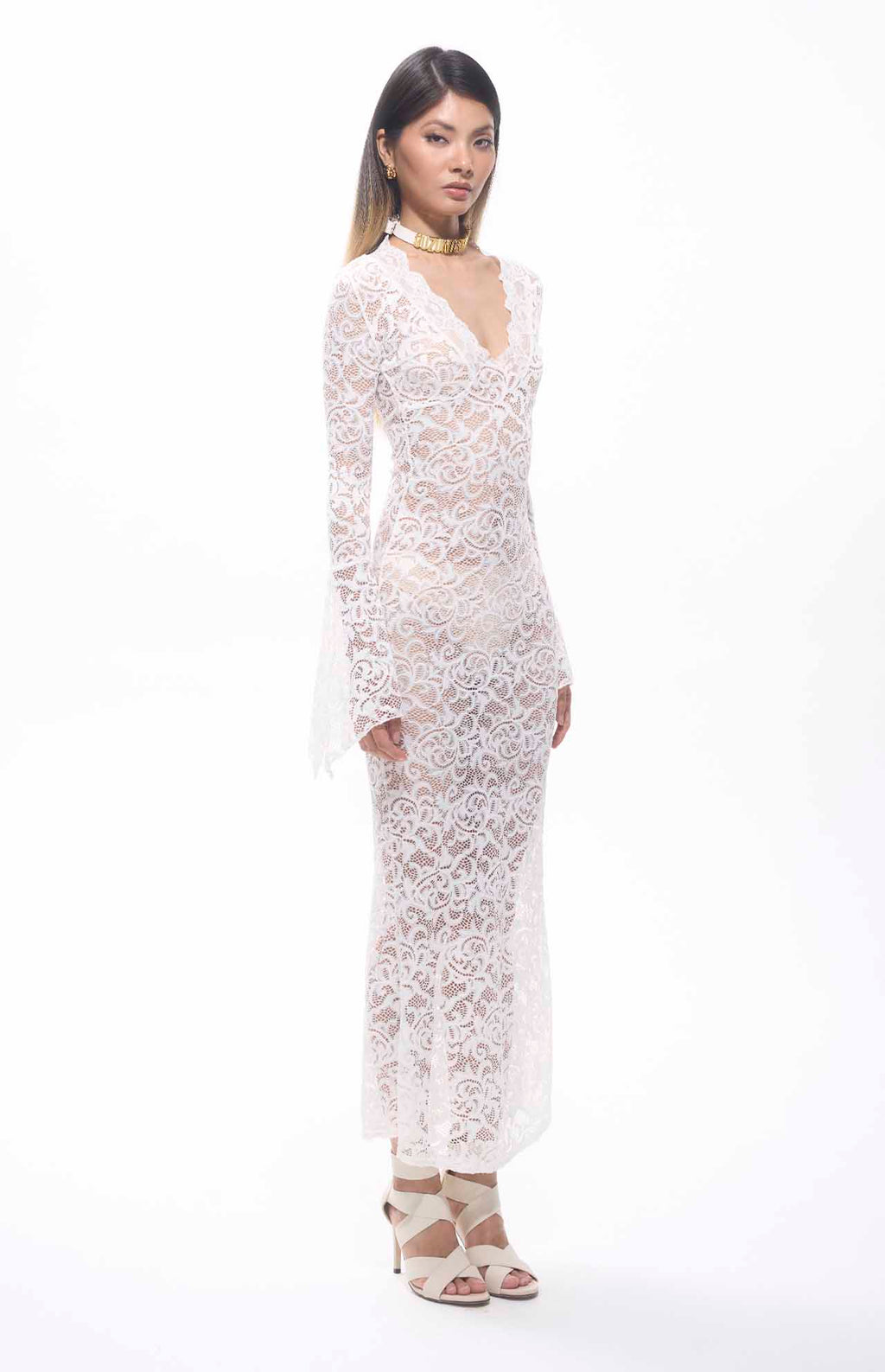 Sekna V-Cut Floral Lace Maxi Dress White