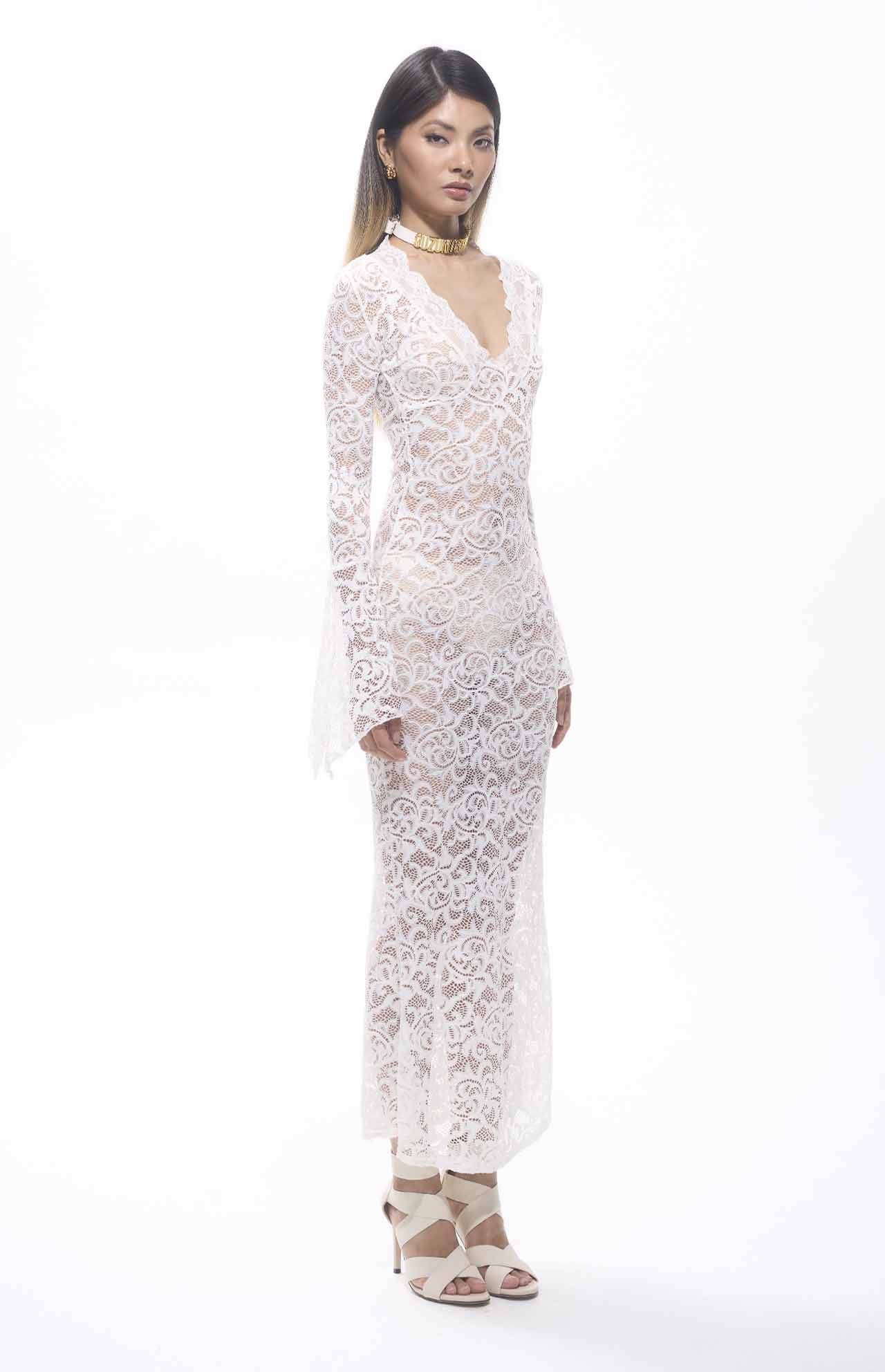 Sekna V-Cut Floral Lace Maxi Dress White