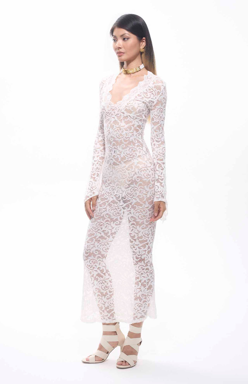 Sekna V-Cut Floral Lace Maxi Dress White