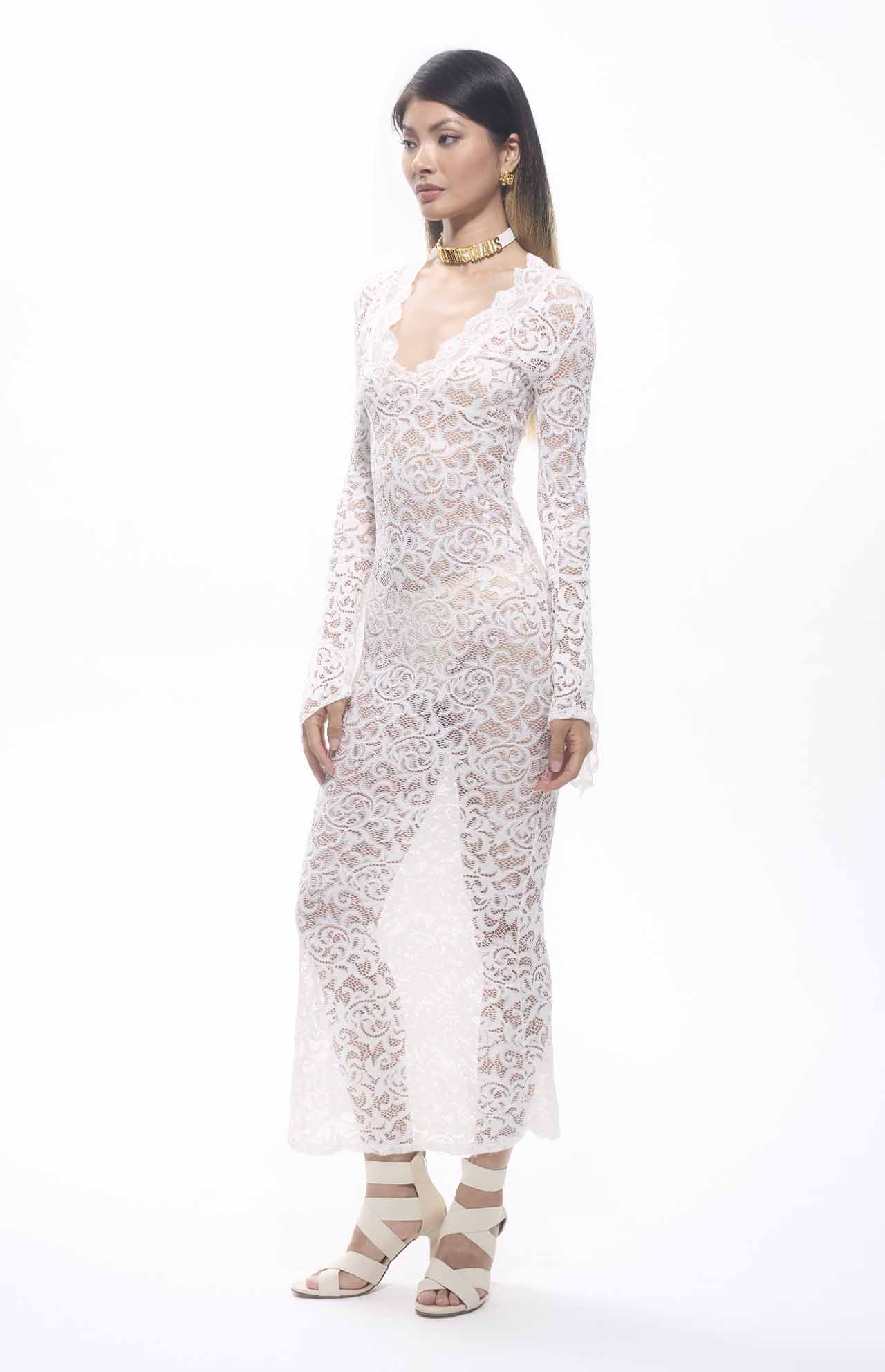 Sekna V-Cut Floral Lace Maxi Dress White